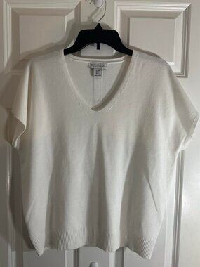 Rachel Zoe Ivory White Knit Top V-Neck Button Back Short Sleeve Sweater M